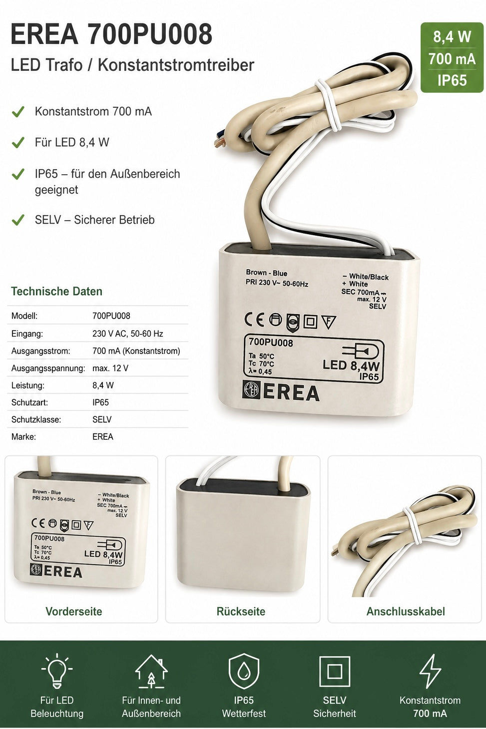 EREA 700PU008 LED-Konstantstromtreiber 8,4 W – 700 mA – max. 12 V – IP65 – 230 V AC