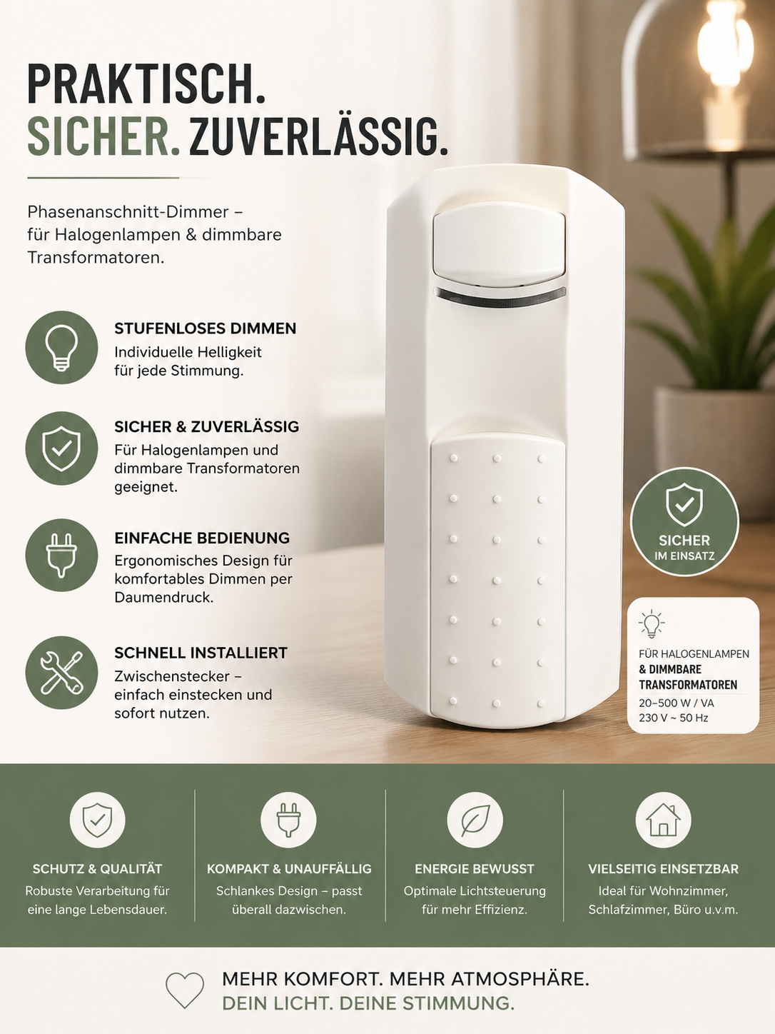 Inter Bär Phasenanschnitt-Dimmer 20–500W Weiß | 230V | Stufenlos dimmbar