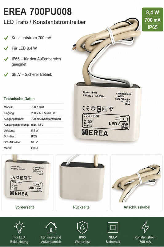 EREA 700PU008 LED-Konstantstromtreiber 8,4 W – 700 mA – max. 12 V – IP65 – 230 V AC