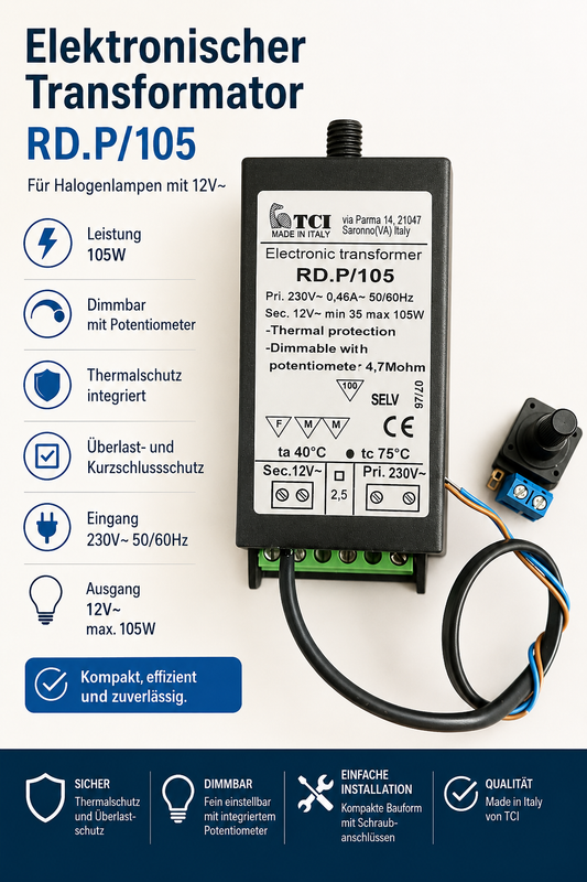 TCI RD.P/105 NV-Halogen Trafo 35-105 VA Watt, Potentiometer-Anschluss