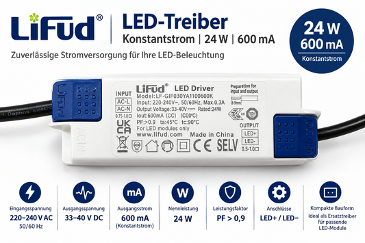 LiFud LED-Treiber 24 W 600 mA 33–40 V DC LF-GIF030YA